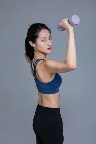 Healthy Beauty Concept Photo Korean Asian Beautiful Woman Dumbbell — Stock Photo, Image