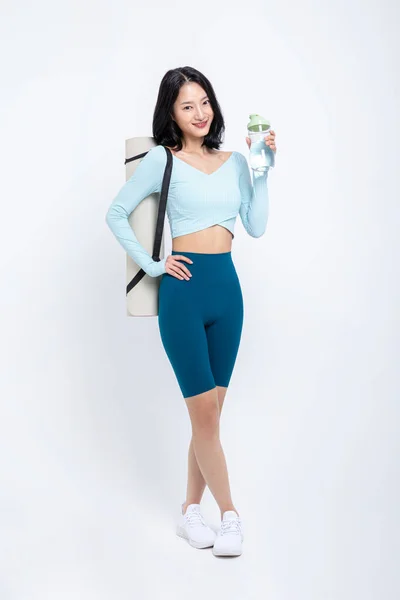 Hälsosam Skönhet Koncept Foto Koreanska Vackra Kvinna Med Yogamatta Och — Stockfoto