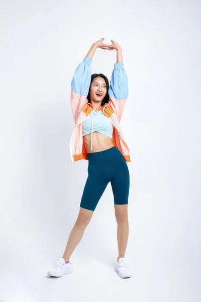 Healthy Beauty Concept Photo Korean Asian Beautiful Woman Stretching Jacket — Stock Photo, Image