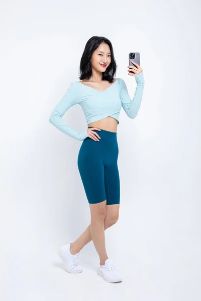 Healthy Beauty Concept Photo Korean Asian Beautiful Woman Smartphone — Stock Photo, Image