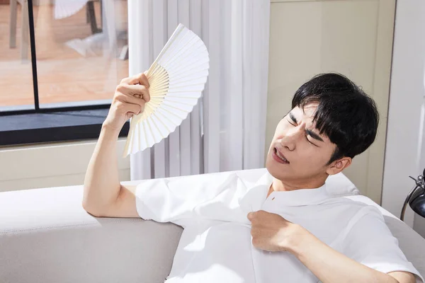 Summer Lifestyle Korean Asian Young Man Fanning — 스톡 사진