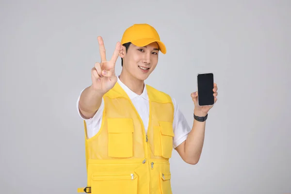 Millennials Gen Korean Asian Young Man Holding Smartphone Hand Motion — Stock Photo, Image