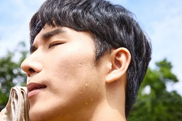 Summer Lifestyle Korean Asian Young Man Wiping Sweat Outdoor — 스톡 사진