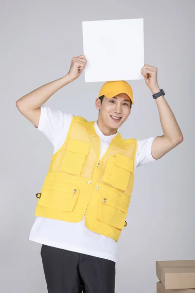 Korean Asian Young Man Holding Frame Panel — Stock Photo, Image