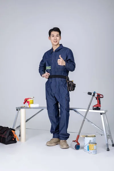 Lavoratore Coreano Asiatico Giovane Uomo Sito Personale Con Pollice — Foto Stock