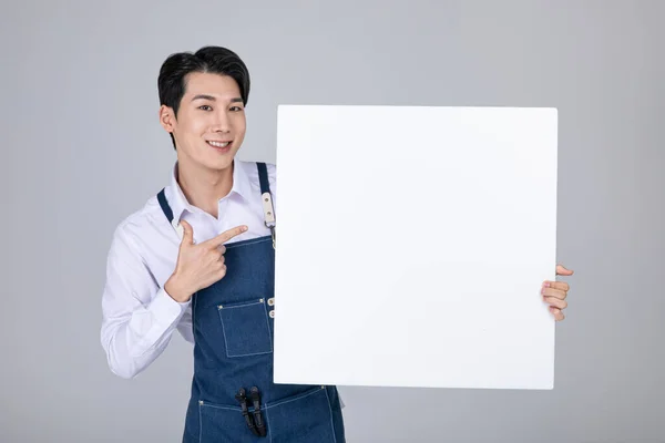 Friseur Koreanisch Asiatisch Jung Mann Holding Ein Rahmen Panel — Stockfoto