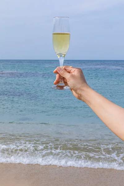 Zeezicht Met Champagne Close Uitzicht — Stockfoto