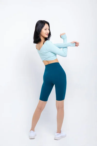 Gezonde Schoonheid Concept Foto Van Koreaanse Aziatische Mooie Vrouw Stretching — Stockfoto
