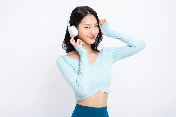 Saludable Belleza Concepto Foto Coreano Asiático Hermosa Mujer Usando Auriculares — Foto de Stock