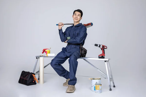 Millennials Gen Coreano Asiático Jovem Site Staff Sitting Work Field — Fotografia de Stock