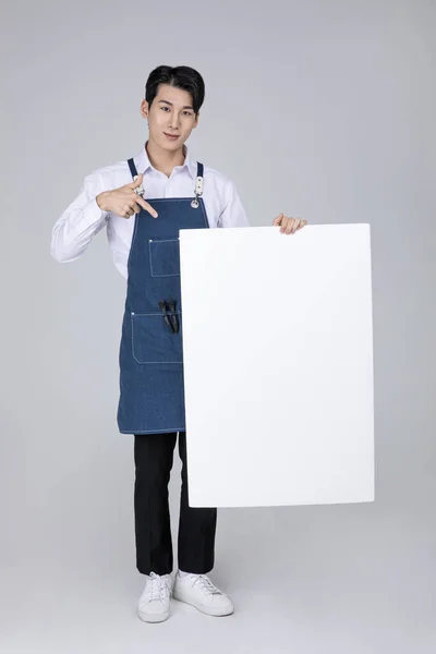 Millennials Gen Korean Asian Young Man Holding Frame Panel — Stock Photo, Image