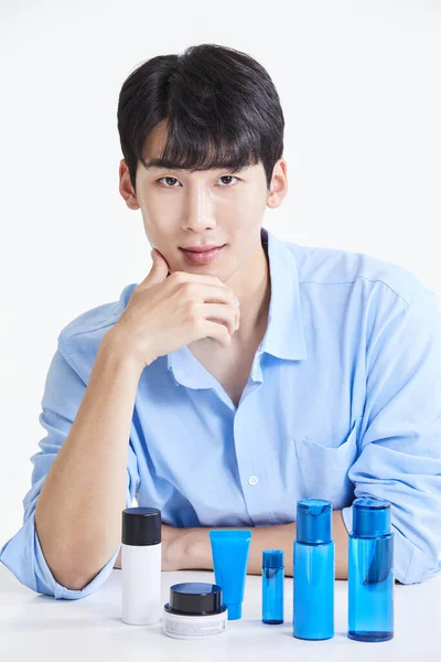 Korean Asian Young Man Sitting Front Vanity — Stock Photo, Image