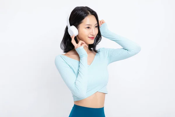Saludable Belleza Concepto Foto Coreano Asiático Hermosa Mujer Usando Auriculares — Foto de Stock