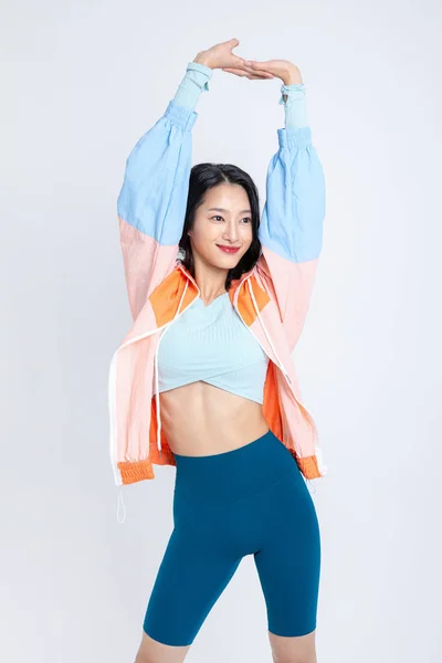 Healthy Beauty Concept Photo Korean Asian Beautiful Woman Stretching Jacket — Stock Photo, Image