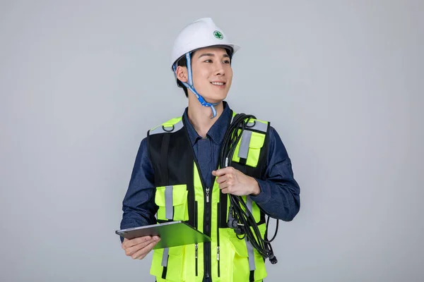 Millennials Gen Korean Asian Young Man Site Staff Holding Tablet — Stock Photo, Image