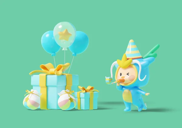 Vector Draak Karakter Spelen Een Fluit Met Een Geschenkdoos Ballonnen — Stockfoto
