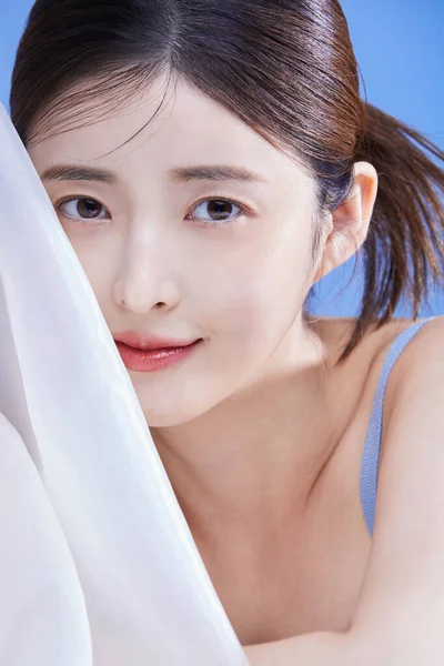 Concepto Belleza Foto Coreana Asain Hermosa Mujer Con Gasa Fondo — Foto de Stock