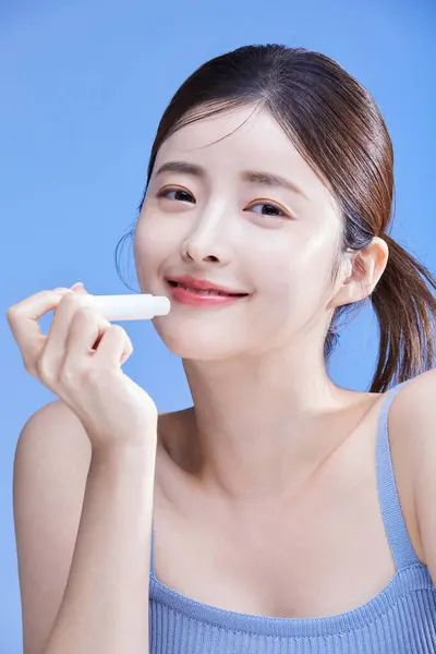 Beauty Concept Photo Korean Asain Beautiful Woman Holding Lipbalm Studio — Stock Photo, Image