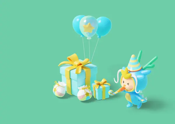 Vector Draak Karakter Spelen Een Fluit Met Een Geschenkdoos Ballonnen — Stockfoto