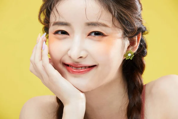 Schoonheid Concept Foto Van Koreaans Asain Mooi Vrouw Glimlachen Met — Stockfoto