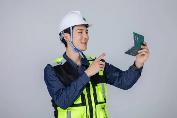 Millennials Gen Korean Asian Young Man Site Staff Holding Bankbook — Stock Photo, Image