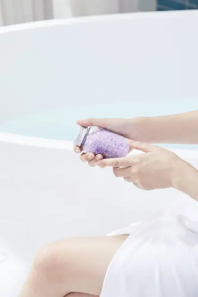 Beauty Concept Photo Korean Asain Beautiful Woman Holding Sea Salt — Stock Photo, Image