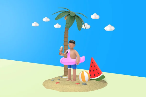 Summer Concept Man Character Tube Ice Cream Deserted Island Palm — Stock Photo, Image