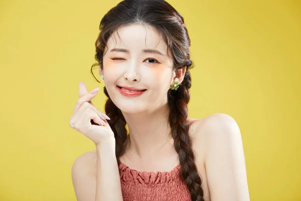 Beauty Concept Photo Korean Asain Beautiful Woman Winking Hand Motions — Stock Photo, Image