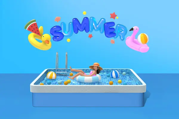 Graphic Summer Text Woman Riding Tube Swimming Pool — Stock Photo, Image