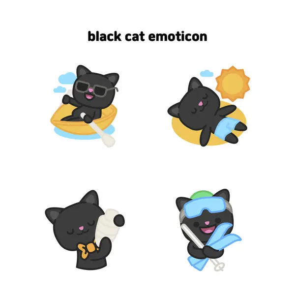 Иллюстрация Персонажа Черной Кошки Наслаждающегося Пляжем — стоковый вектор