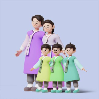 Holiday greetings, Happy family of triplets dressed hanbok for the holidays 3D graphic image clipart