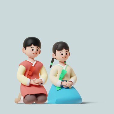 Holiday greeting, Children sitting somewhere in hanbok 3D Graphic Image clipart