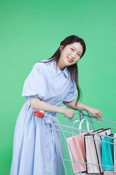 Εικόνα Του Πράσινου Καταναλωτή Γυναίκα Καλάθι Αγορών Και Τσάντα Ψώνια — Φωτογραφία Αρχείου