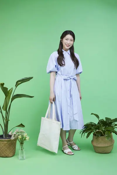 Korejský Asain Krásný Žena Držení Recyklované Položky Eco Bag — Stock fotografie