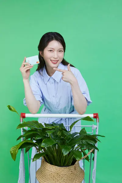 Koreai Ázsiai Gyönyörű Kezében Egy Bevásárló Kártya Egy Cserepes Növény — Stock Fotó