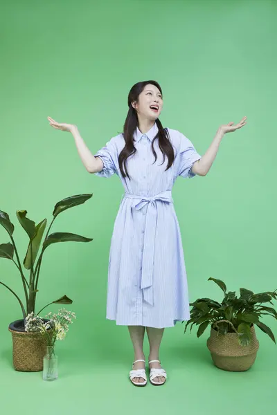 Zelený Zákazník Korejský Asain Krásná Žena Gestikulující Obloze — Stock fotografie