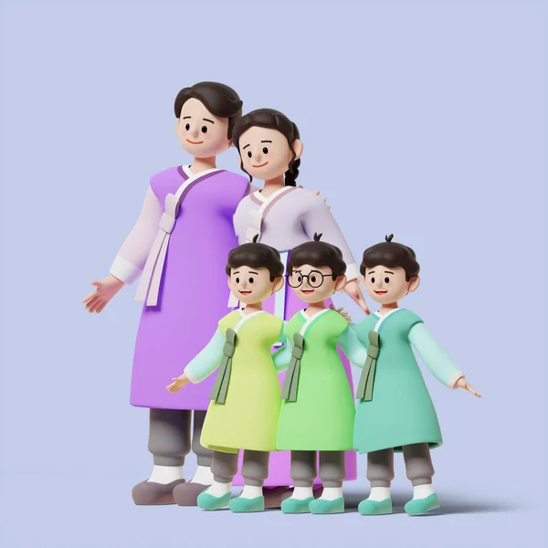 Holiday Greetings Happy Family Triplets Dressed Hanbok Holidays Graphic Image — Stock Photo, Image