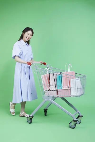 Εικόνα Του Πράσινου Καταναλωτή Γυναίκα Καλάθι Αγορών Και Τσάντες Στο — Φωτογραφία Αρχείου