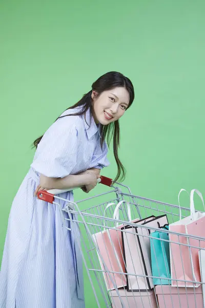 緑の消費者 ショッピングカートとショッピングバッグギフトボックスを持つ女性のイメージ — ストック写真