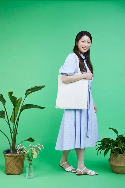 Recyklované Zboží Korejský Asain Krásná Žena Nesoucí Eko Bag — Stock fotografie
