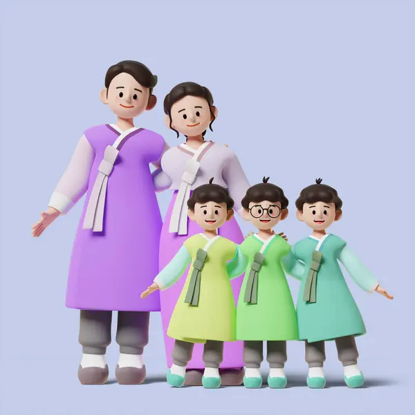 Holiday Greetings Happy Family Triplets Dressed Hanbok Holidays Graphic Image — Stock Photo, Image