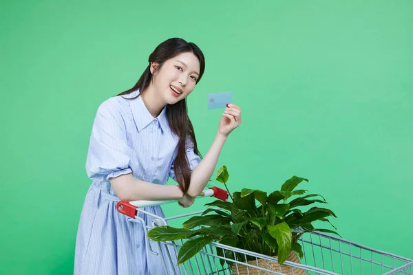 Greensumer Koreai Ázsiai Gyönyörű Kezében Egy Bevásárló Kártya Egy Növény — Stock Fotó