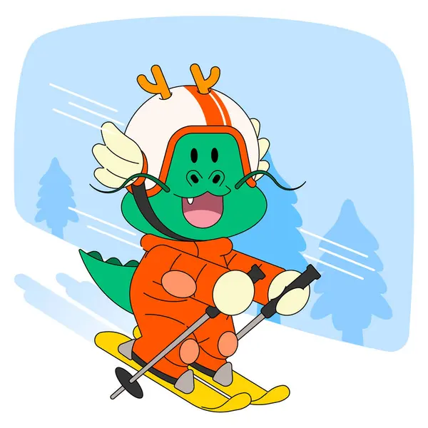 Biru Karakter Naga Ski Vektor Emoji Ilustrasi - Stok Vektor