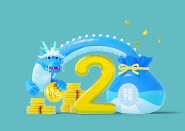 dragon sun 3d graphic of a dragon holding a lucky bag and a golden coin clipart