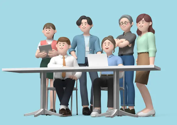 Business Character Standing Sitting Team Members Graphic — Stock Photo, Image