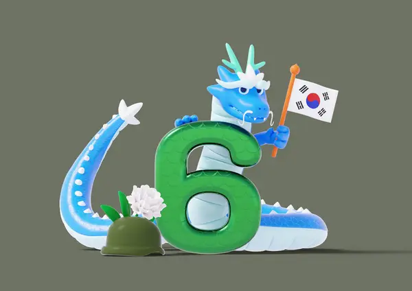Year Dragon Blue Dragon Graphic Holding Korea National Flag — Stock Photo, Image