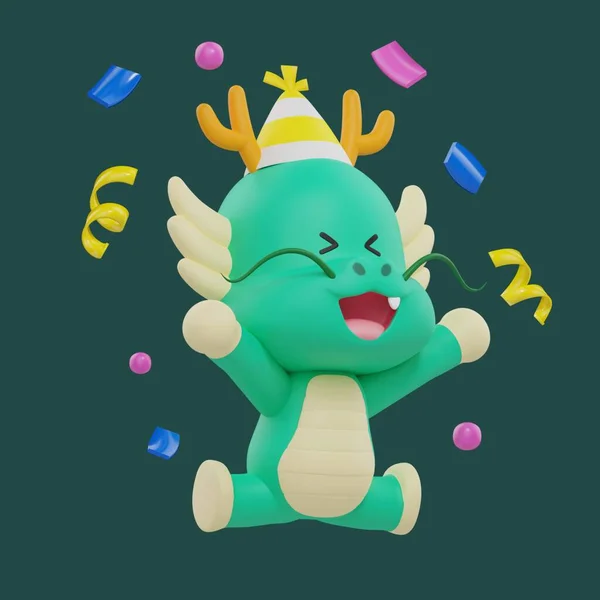 dragon happy wearing a cone hat 3d graphic