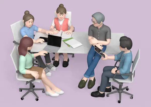 Business Characters People Sitting Table Discussing Projects Graphic — Stock Photo, Image