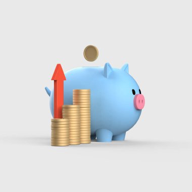 Increase arrows and stacked coins and piggy bank 3d objects clipart
