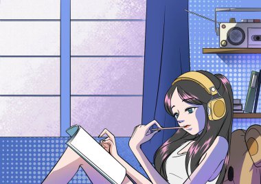 A woman who is lost in her thoughts while listening to music with a headset on clipart